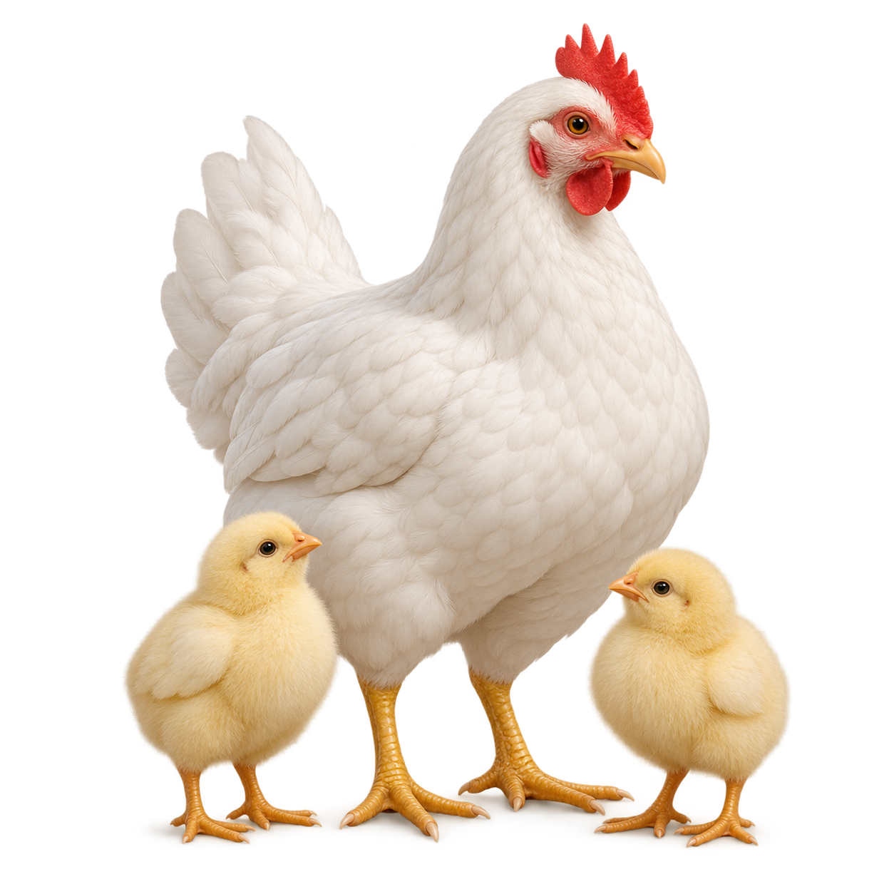 3D white chicken with two chicks
